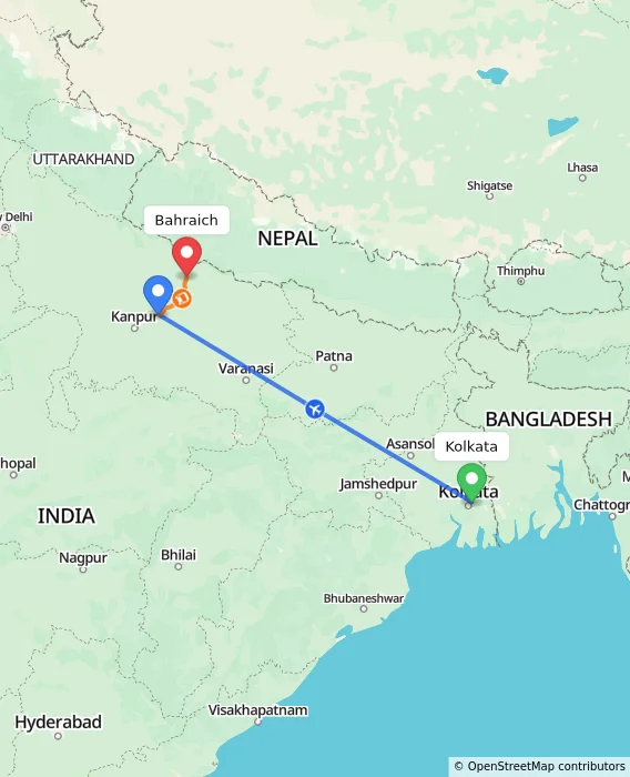 Route map showing distance and travel time from Kolkata, India to Bahraich, India