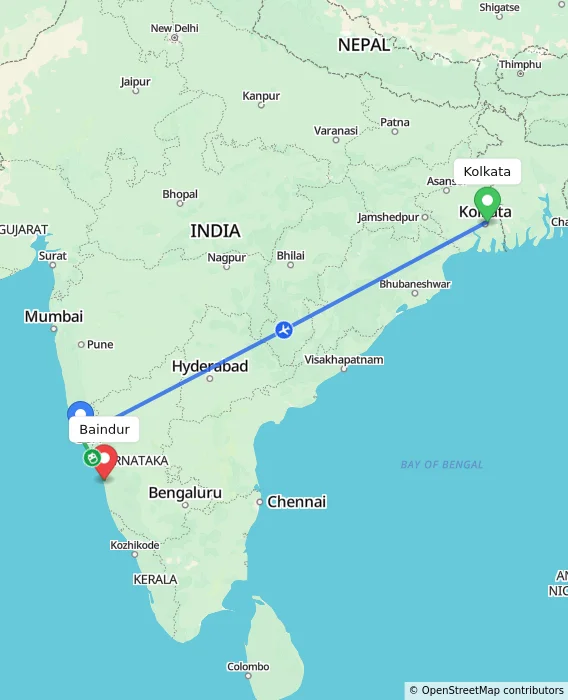Route map showing distance and travel time from Kolkata, India to Baindur, India