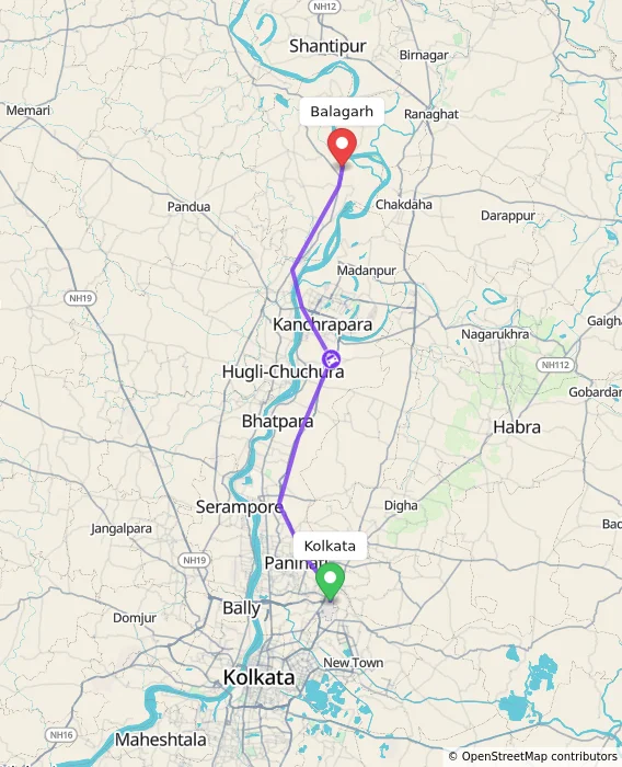 Route map showing distance and travel time from Kolkata, India to Balagarh, India
