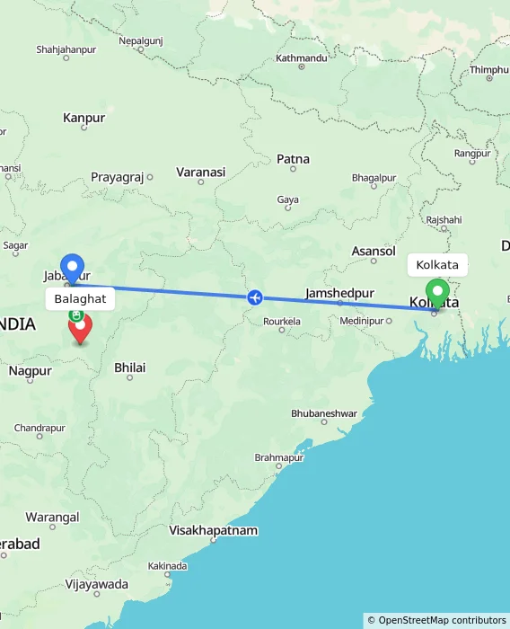 Route map showing distance and travel time from Kolkata, India to Balaghat, India