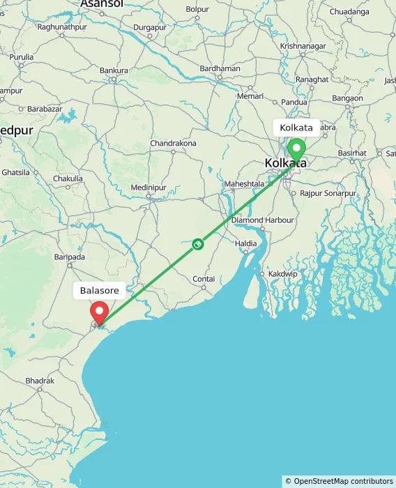 Route map showing distance and travel time from Kolkata, India to Balasore, India