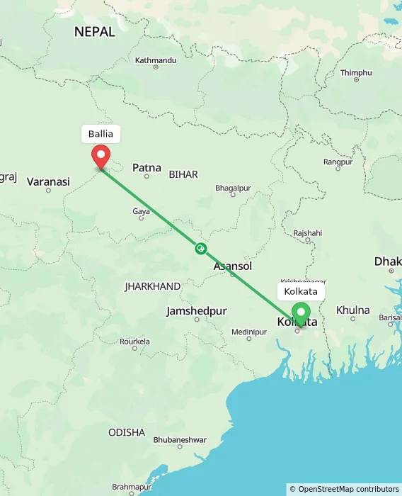 Route map showing distance and travel time from Kolkata, India to Ballia, India