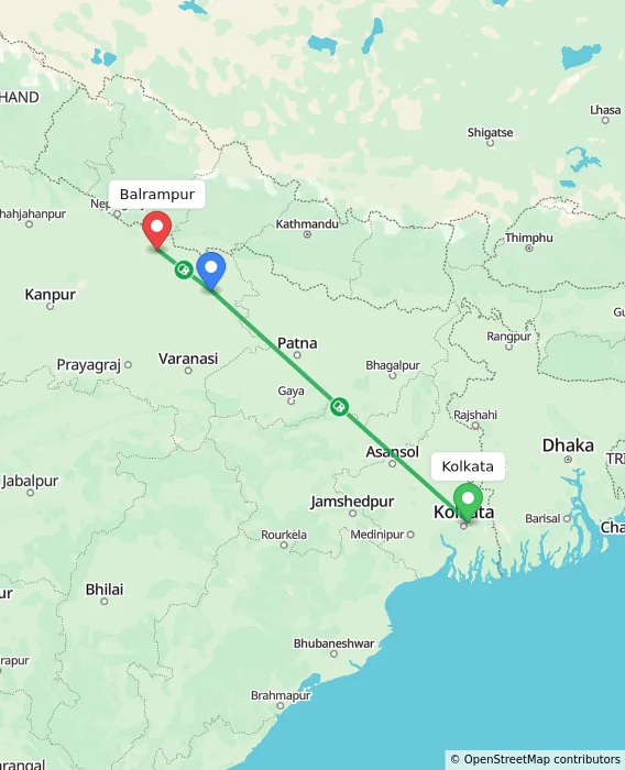 Route map showing distance and travel time from Kolkata, India to Balrampur, India