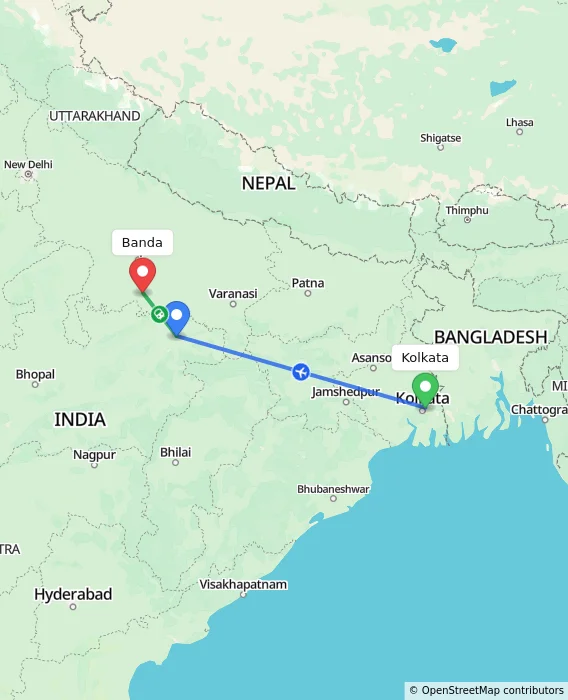 Route map showing distance and travel time from Kolkata, India to Banda, India