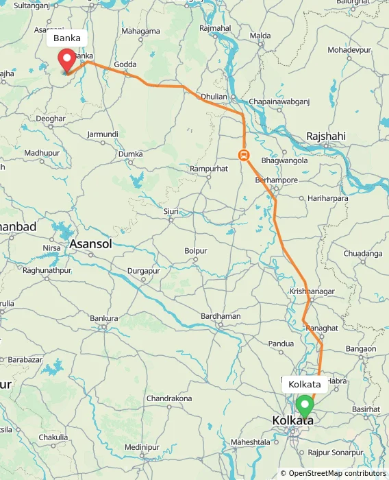 Route map showing distance and travel time from Kolkata, India to Banka, India