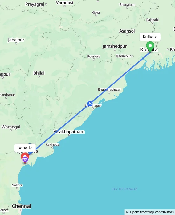 Route map showing distance and travel time from Kolkata, India to Bapatla, India