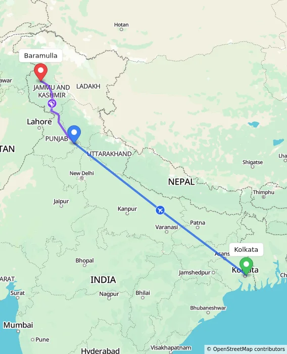 Route map showing distance and travel time from Kolkata, India to Baramulla, India