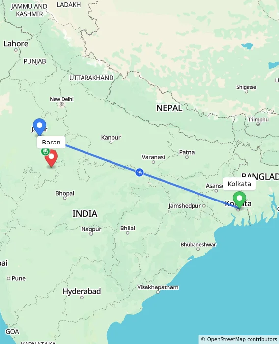 Route map showing distance and travel time from Kolkata, India to Baran, India