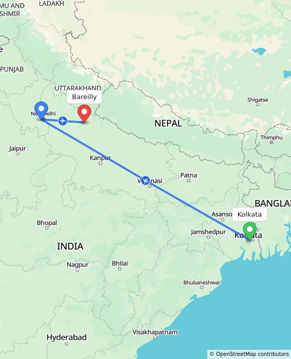 Route map showing distance and travel time from Kolkata, India to Bareilly, India