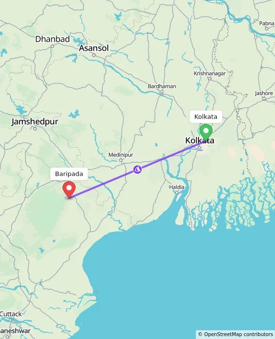 Route map showing distance and travel time from Kolkata, India to Baripada, India