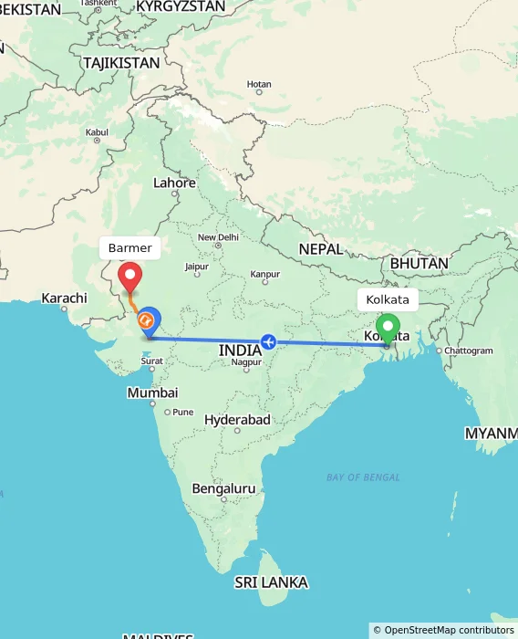 Route map showing distance and travel time from Kolkata, India to Barmer, India