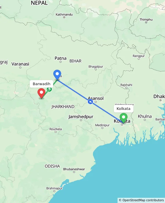 Route map showing distance and travel time from Kolkata, India to Barwadih, India