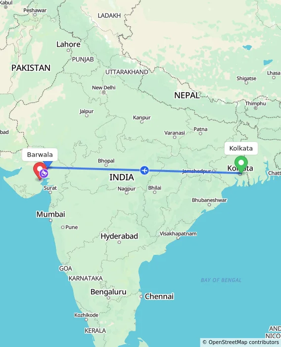 Route map showing distance and travel time from Kolkata, India to Barwala, India