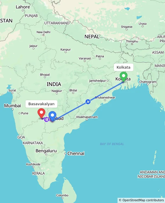 Route map showing distance and travel time from Kolkata, India to Basavakalyan, India