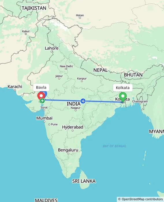 Route map showing distance and travel time from Kolkata, India to Bavla, India
