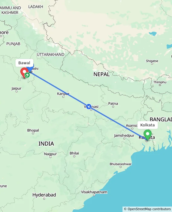 Route map showing distance and travel time from Kolkata, India to Bawal, India