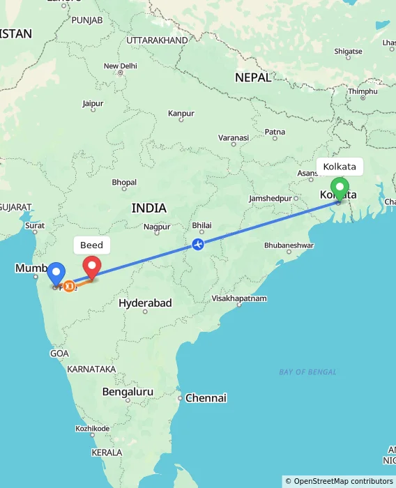 Route map showing distance and travel time from Kolkata, India to Beed, India