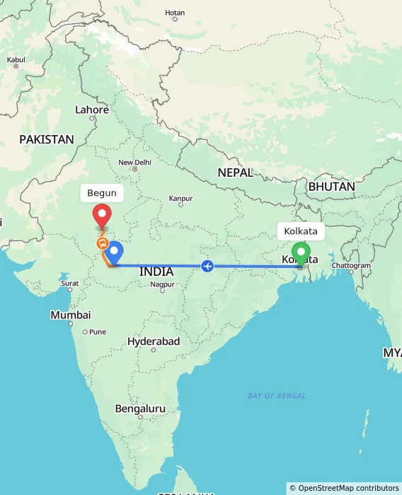 Route map showing distance and travel time from Kolkata, India to Begun, India