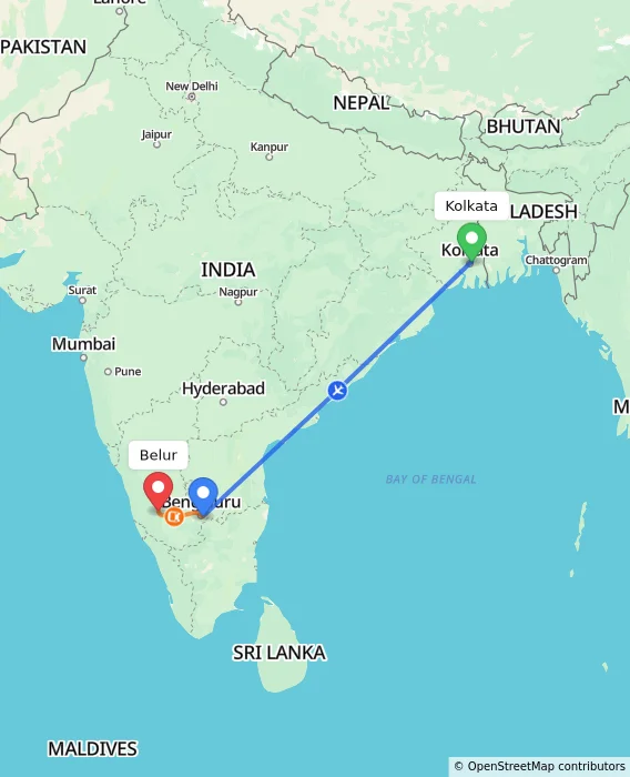 Route map showing distance and travel time from Kolkata, India to Belur, India