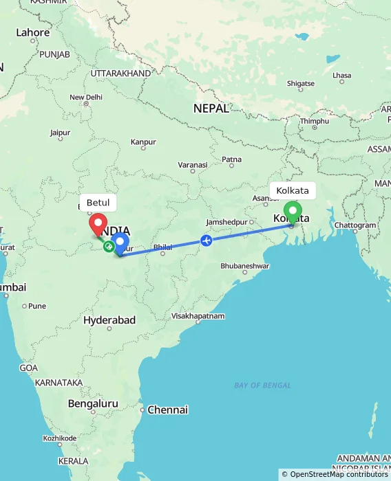Route map showing distance and travel time from Kolkata, India to Betul, India