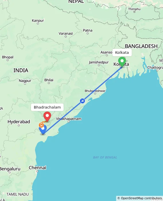 Route map showing distance and travel time from Kolkata, India to Bhadrachalam, India