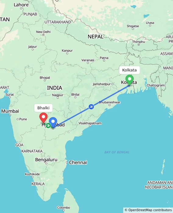 Route map showing distance and travel time from Kolkata, India to Bhalki, India