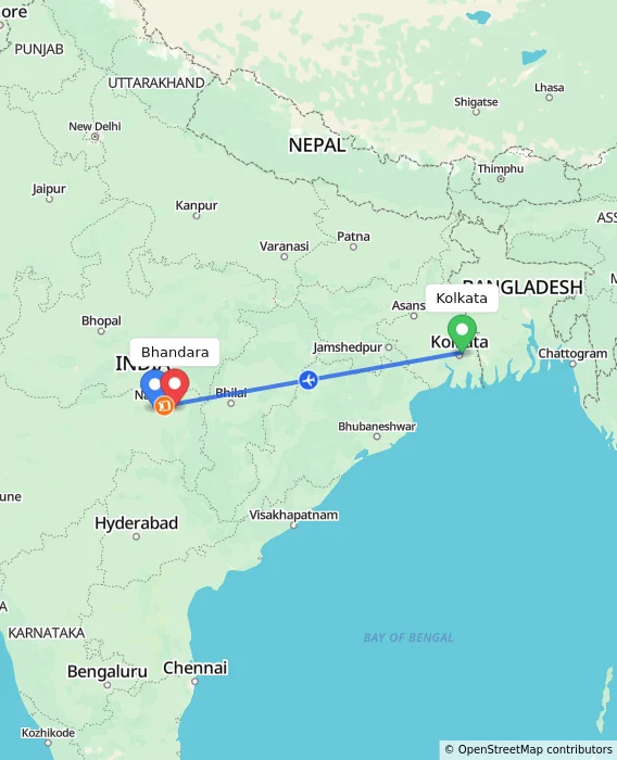 Route map showing distance and travel time from Kolkata, India to Bhandara, India
