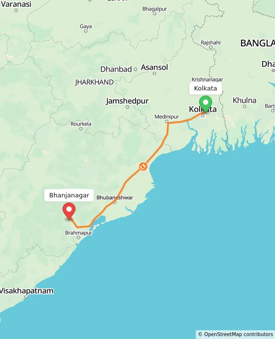 Route map showing distance and travel time from Kolkata, India to Bhanjanagar, India