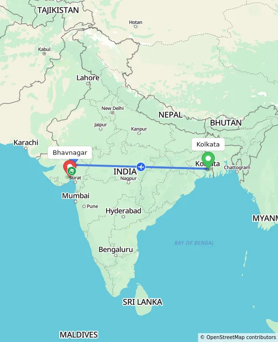 Route map showing distance and travel time from Kolkata, India to Bhavnagar, India