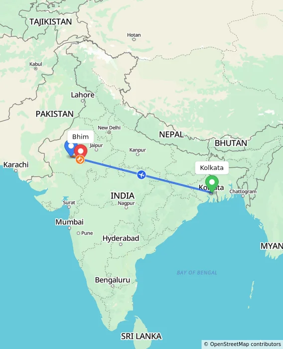 Route map showing distance and travel time from Kolkata, India to Bhim, India