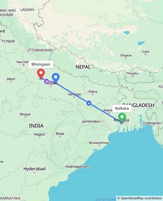 Route map showing distance and travel time from Kolkata, India to Bhongaon, India