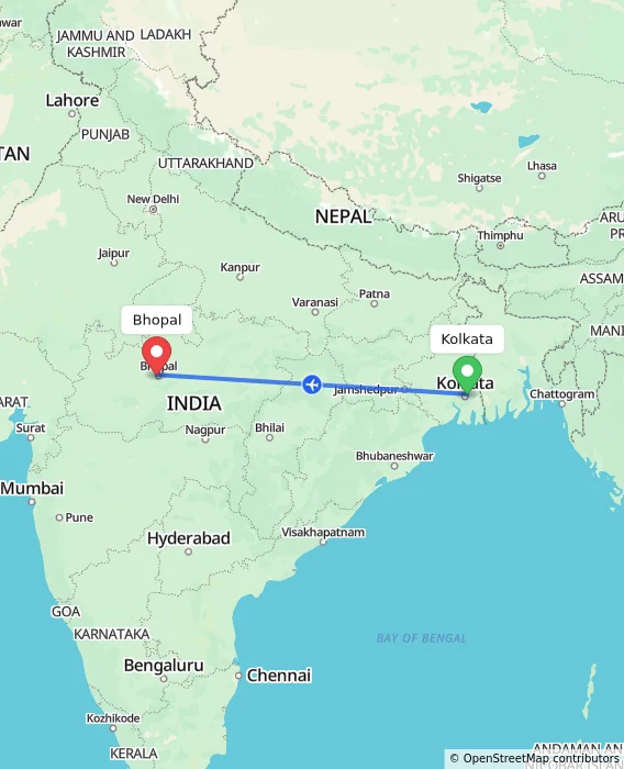 Route map showing distance and travel time from Kolkata, India to Bhopal, India