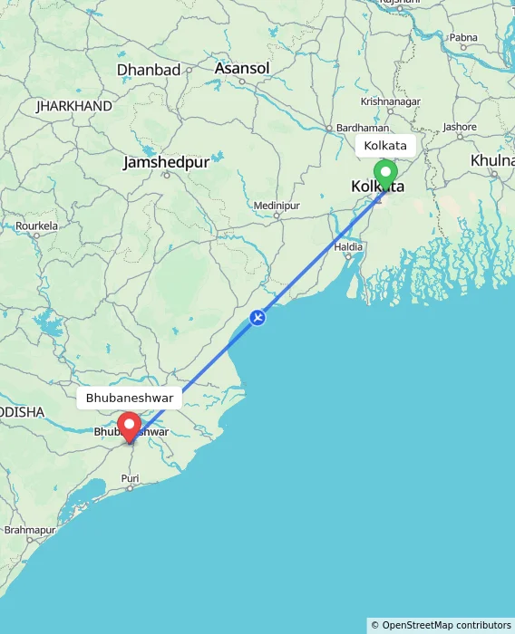 Route map showing distance and travel time from Kolkata, India to Bhubaneshwar, India