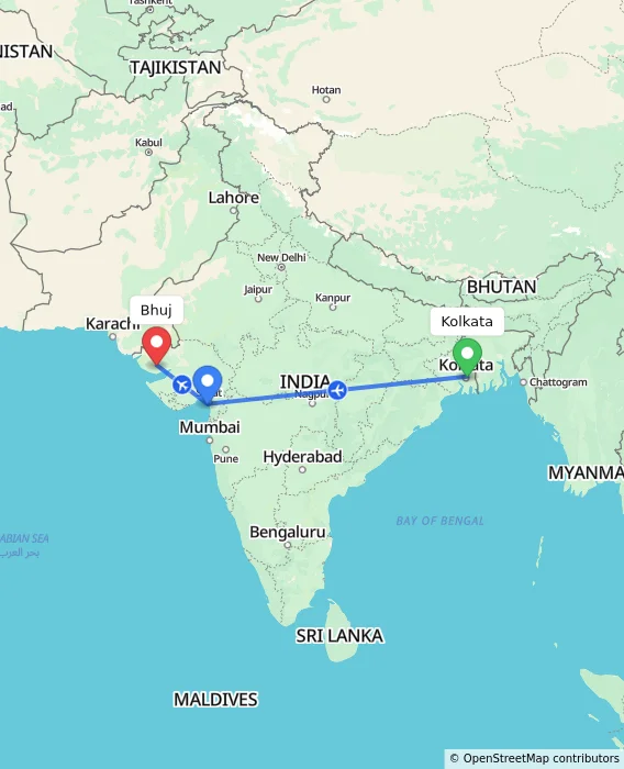 Route map showing distance and travel time from Kolkata, India to Bhuj, India