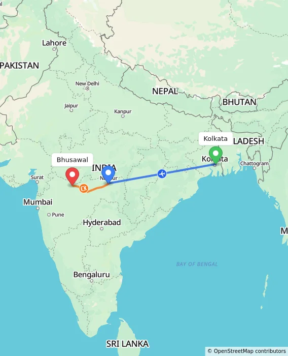 Route map showing distance and travel time from Kolkata, India to Bhusawal, India