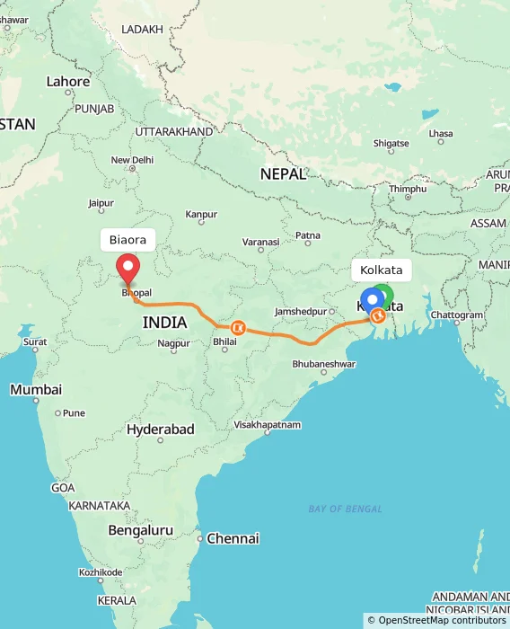 Route map showing distance and travel time from Kolkata, India to Biaora, India