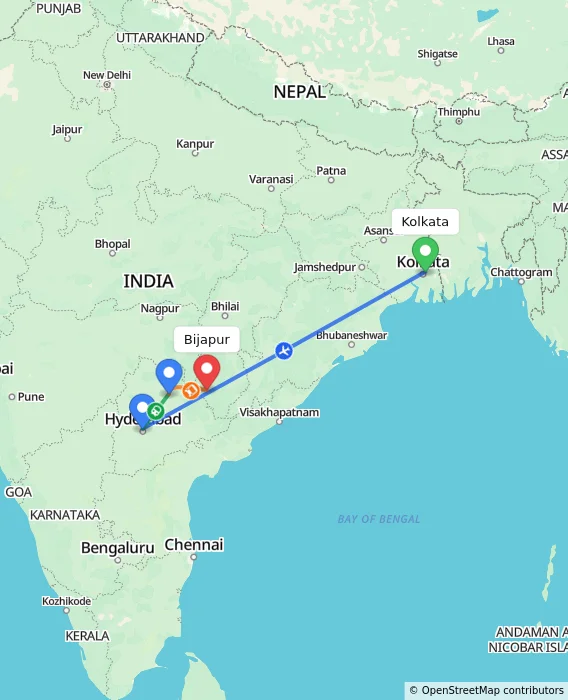 Route map showing distance and travel time from Kolkata, India to Bijapur, India