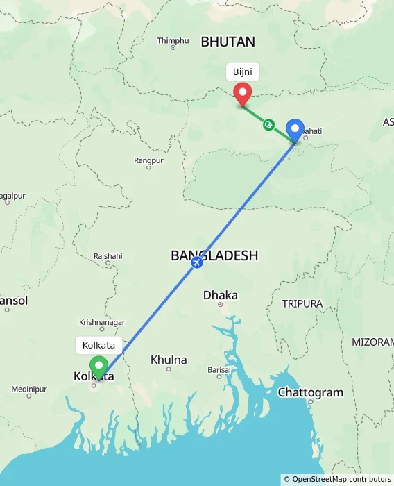 Route map showing distance and travel time from Kolkata, India to Bijni, India