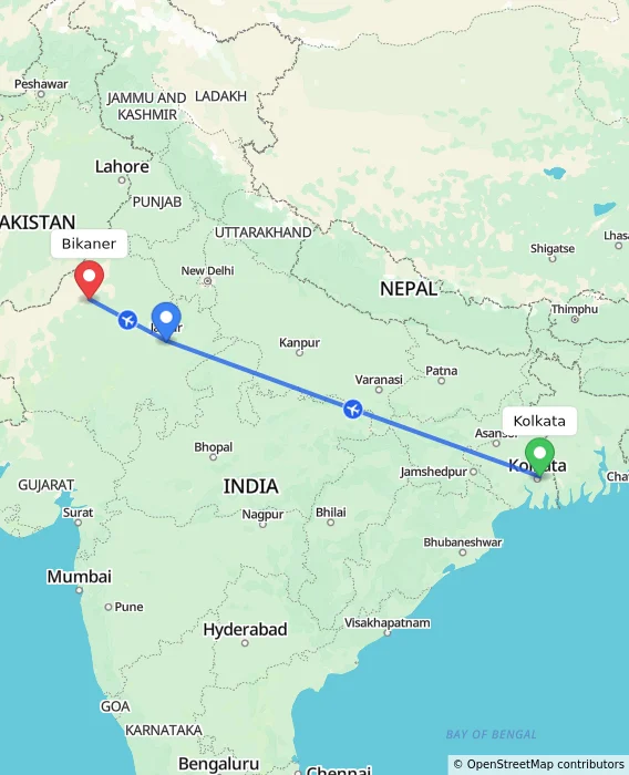 Route map showing distance and travel time from Kolkata, India to Bikaner, India