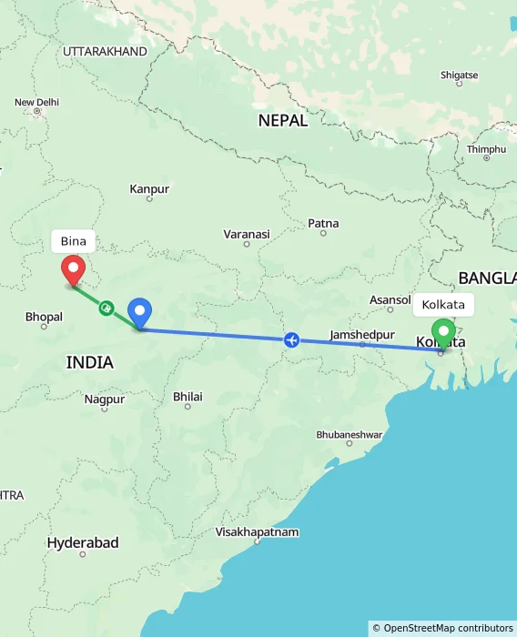 Route map showing distance and travel time from Kolkata, India to Bina, India