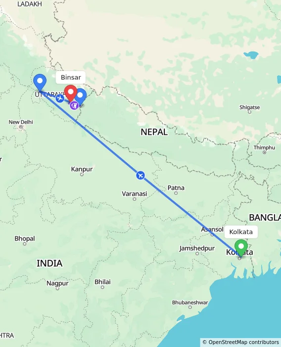 Route map showing distance and travel time from Kolkata, India to Binsar, India