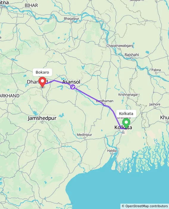 Route map showing distance and travel time from Kolkata, India to Bokaro, India