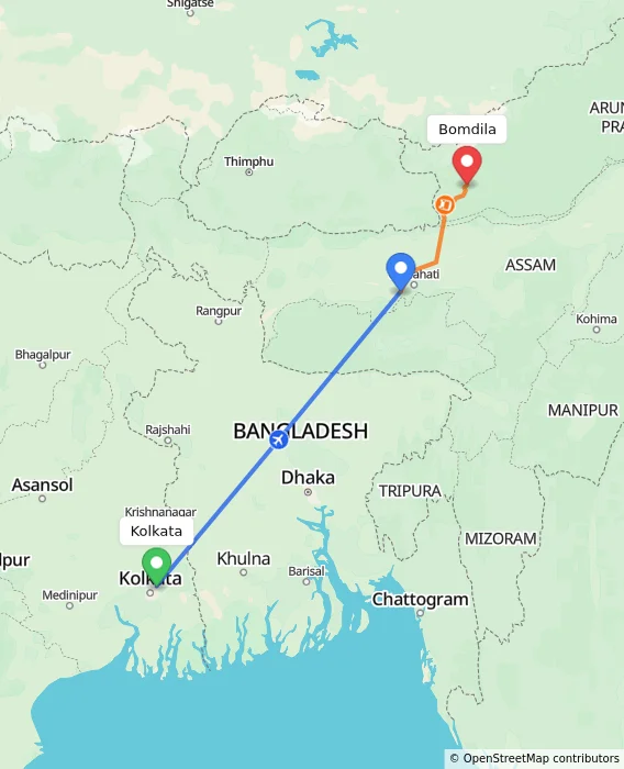 Route map showing distance and travel time from Kolkata, India to Bomdila, India