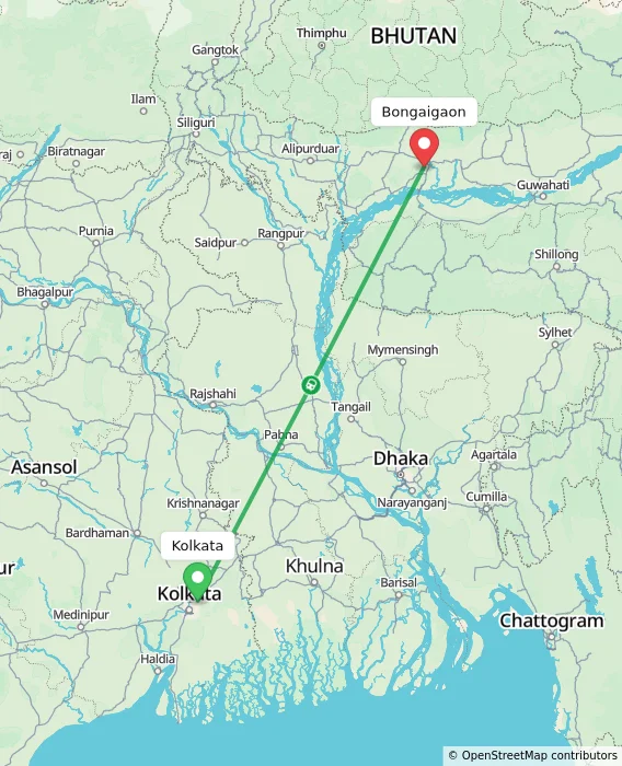Route map showing distance and travel time from Kolkata, India to Bongaigaon, India