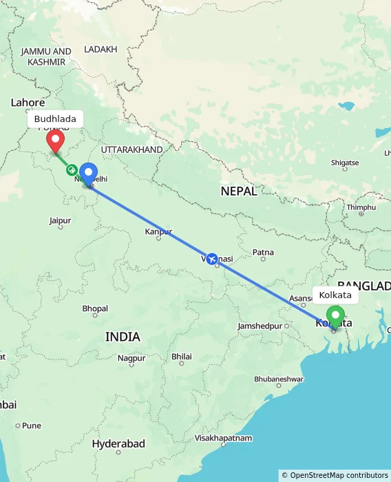 Route map showing distance and travel time from Kolkata, India to Budhlada, India