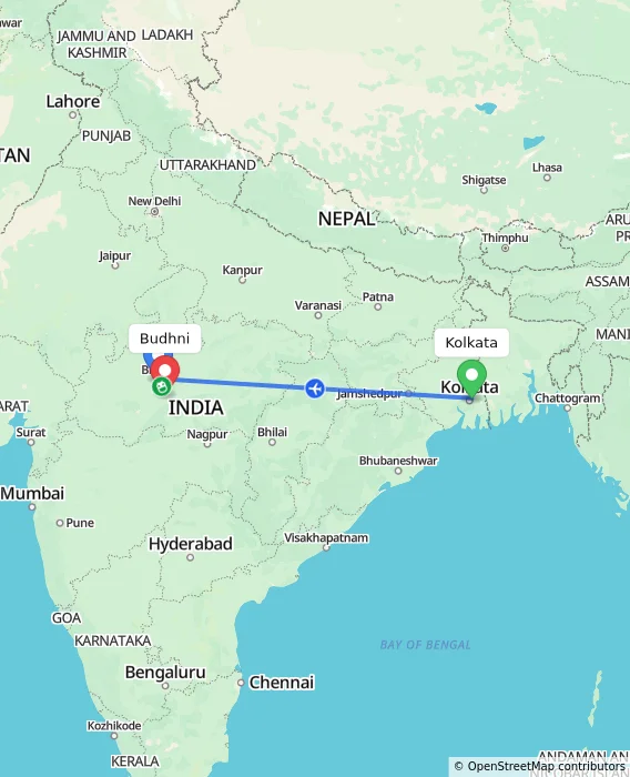 Route map showing distance and travel time from Kolkata, India to Budhni, India