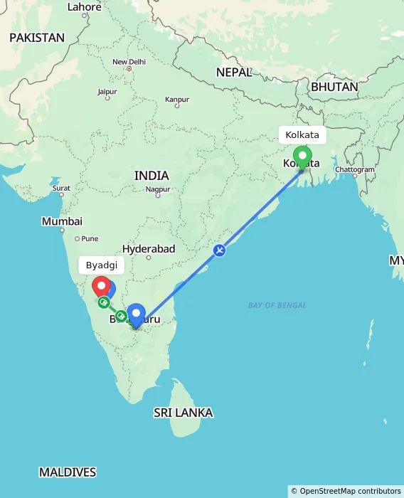 Route map showing distance and travel time from Kolkata, India to Byadgi, India