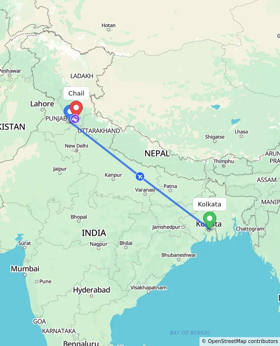 Route map showing distance and travel time from Kolkata, India to Chail, India