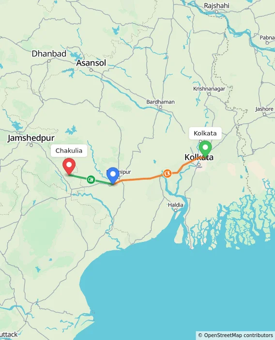 Route map showing distance and travel time from Kolkata, India to Chakulia, India