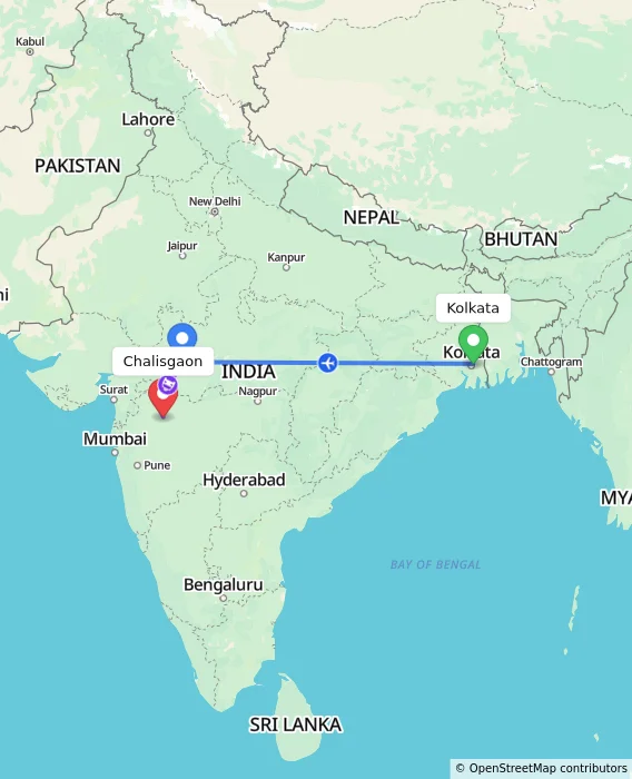 Route map showing distance and travel time from Kolkata, India to Chalisgaon, India